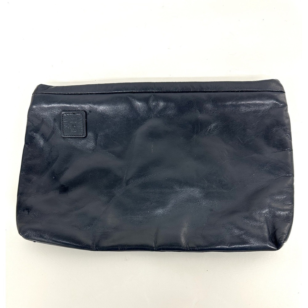 Vintage Anne Klein For Caldron Small Navy Blue Leather Soft Clutch Hand Bag